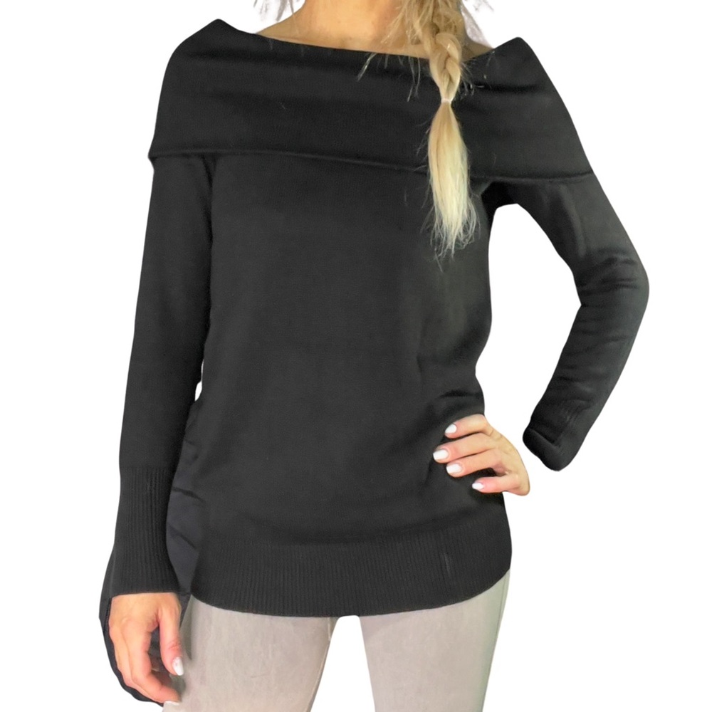LOFT Off-Shoulder Foldover Black‎ Sweater - Picture 2 of 10